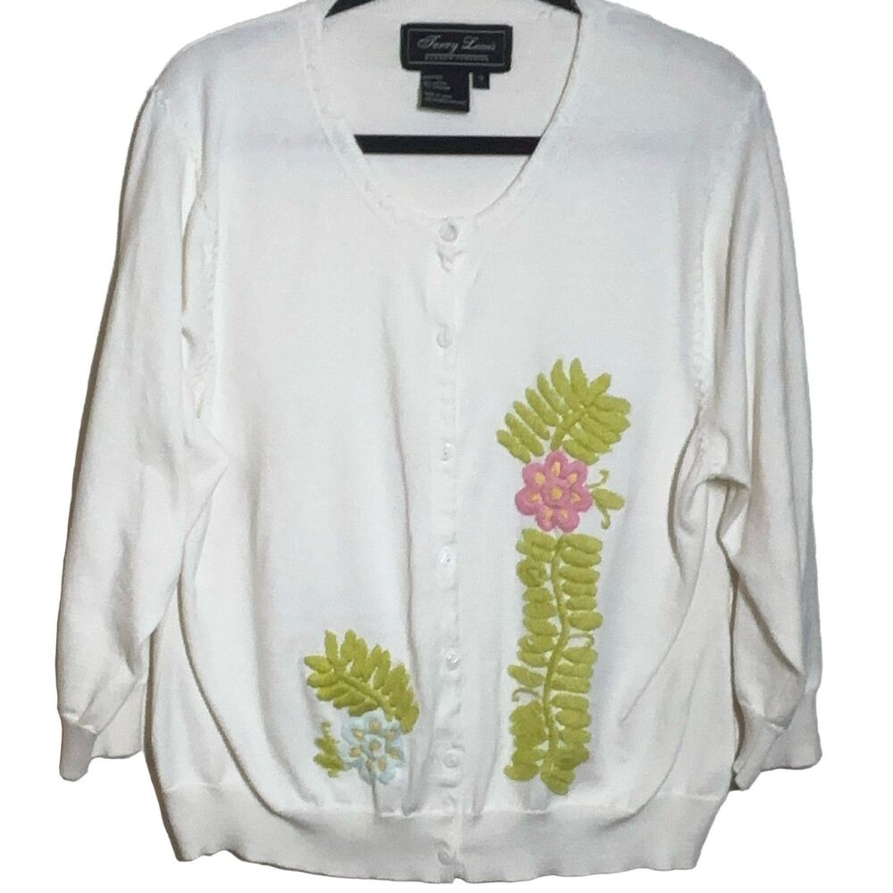 Terry Lewis Classic Luxuries Cardigan White 1X Cotton Cashmere Floral V-Neck